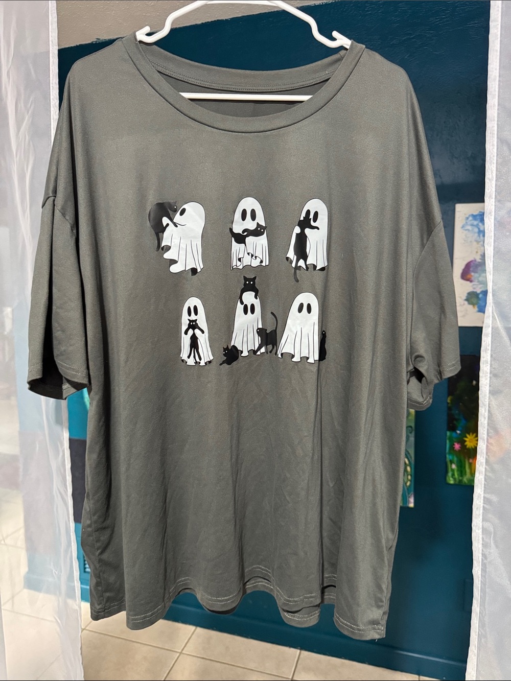 Gray Ghosts Graphic Tee - Cute Ghost & Cat Print